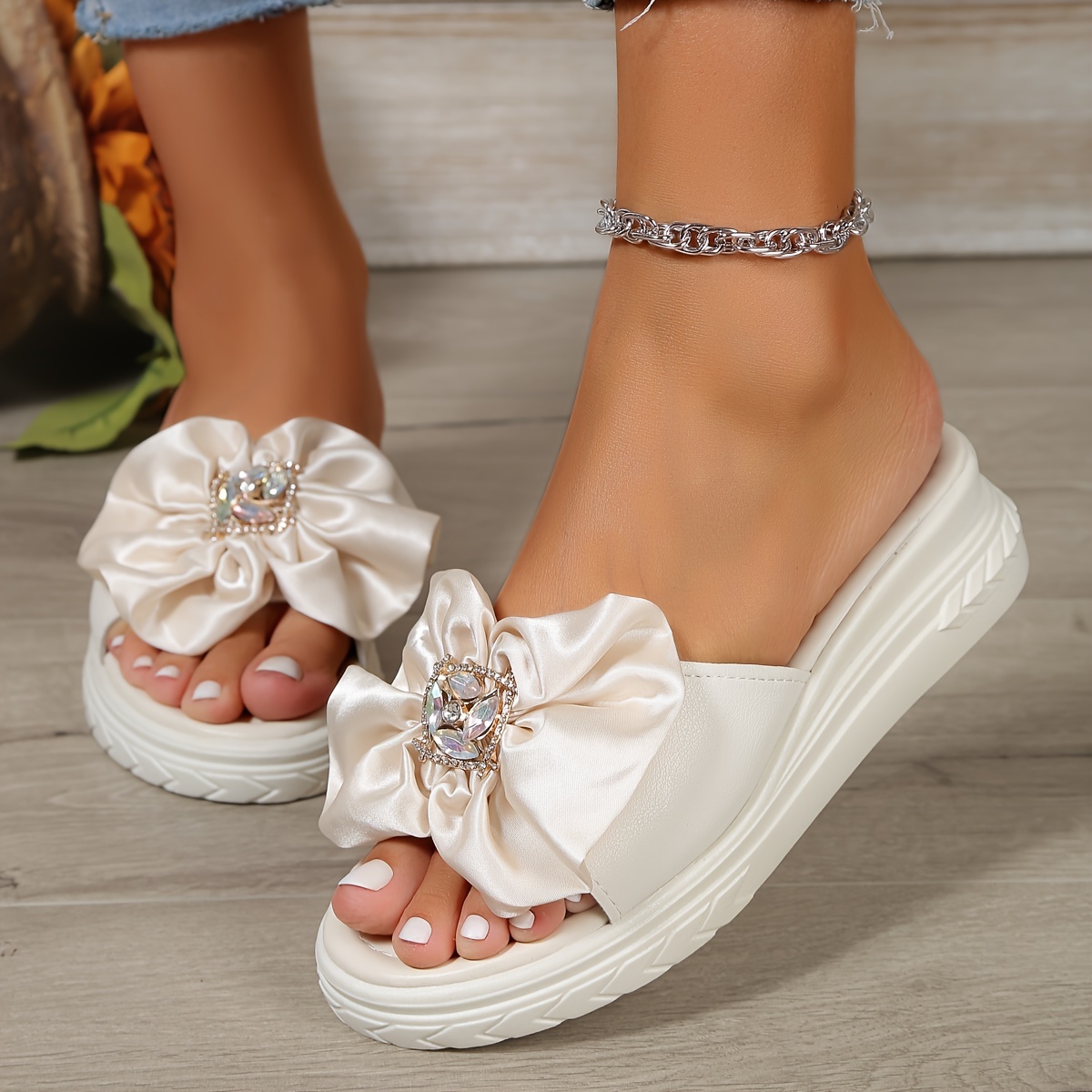 womens rhinestone bow decor slides open toe slip on slide sandals fashion summer outdoor slide shoes details 1