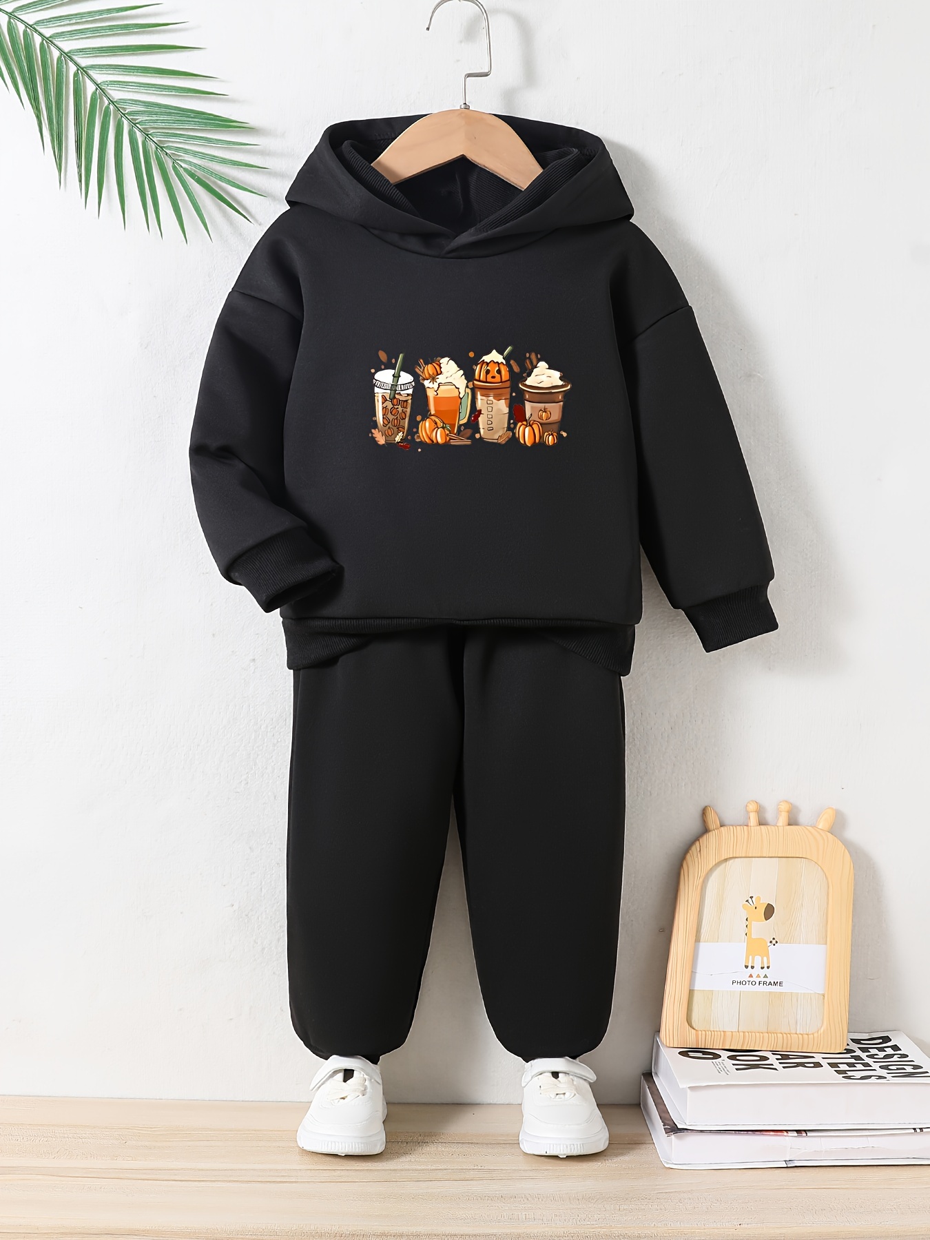 Girls Coffee Milk Tea Print Hoodies + Jogger Pants Set Comfy - Temu