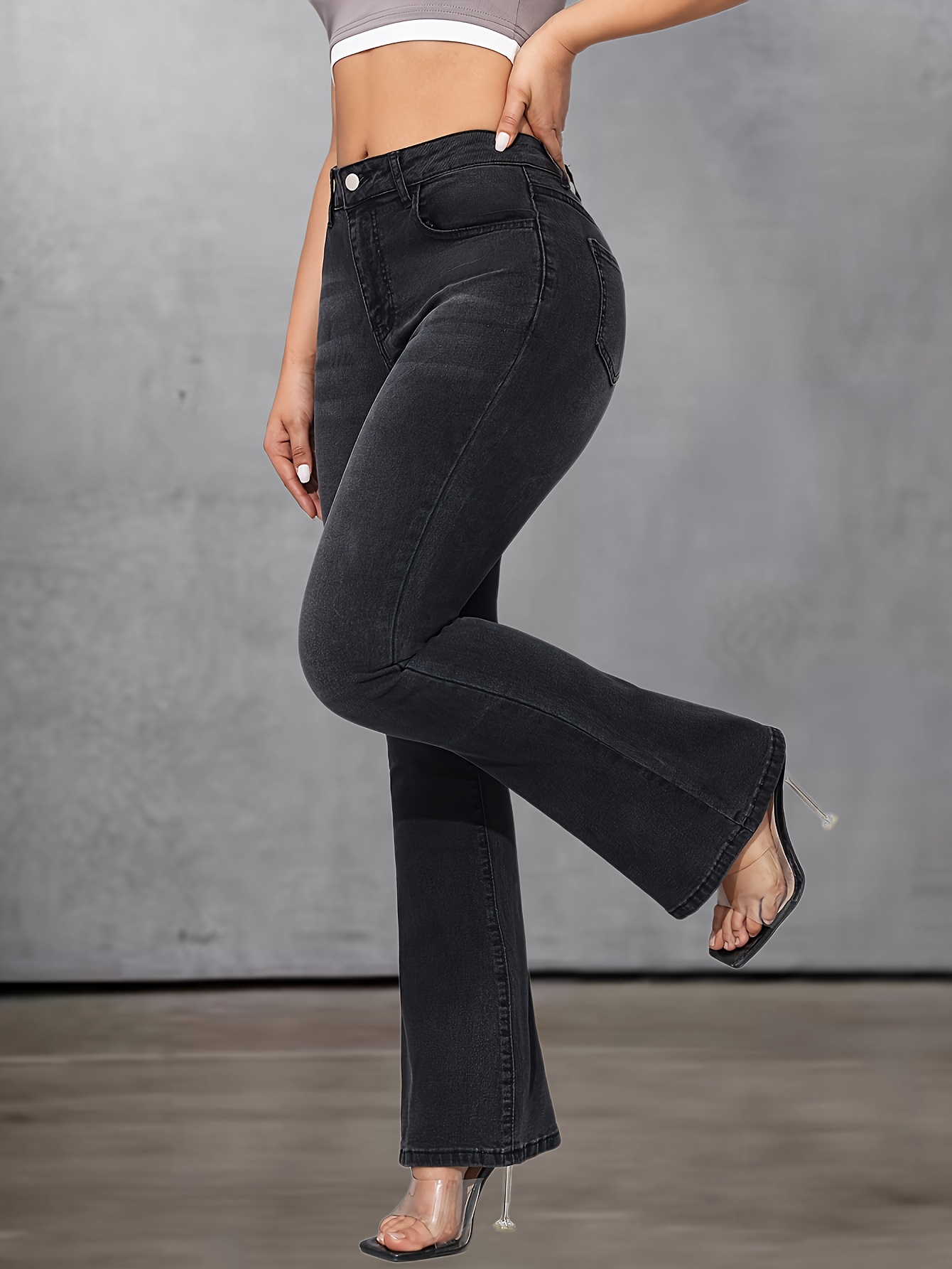 Slim Fit Stretchy Bootcut Jeans Slant Pockets Whiskering - Temu