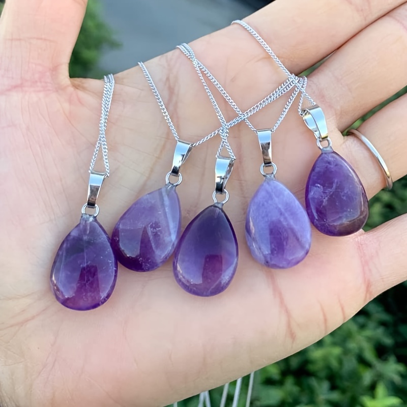 1pc Natural Stone Amethyst Water Drop Necklace Healing Crystal