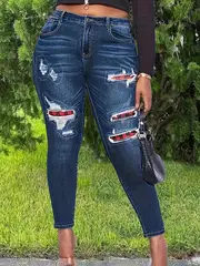 womens casual jeans plus size colorblock plaid print ripped button fly high rise high stretch skinny jeans details 3