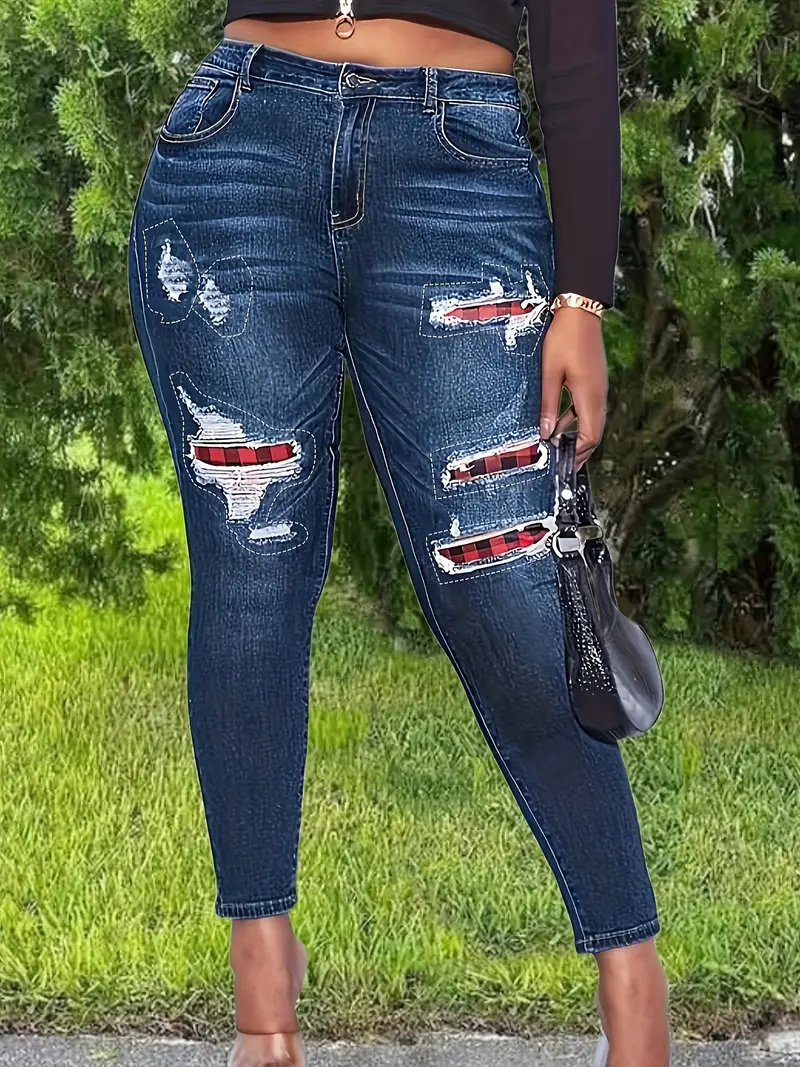 womens casual jeans plus size colorblock plaid print ripped button fly high rise high stretch skinny jeans details 3