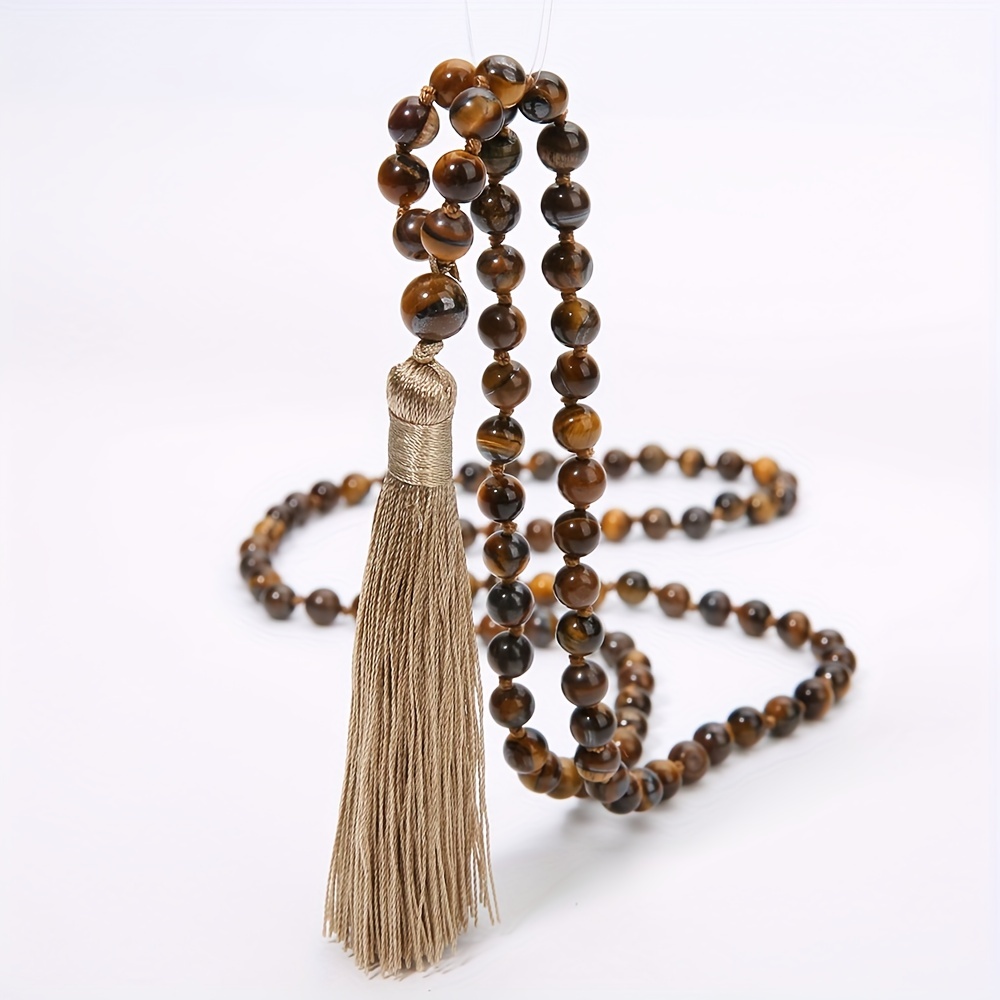 

6mm Mala Beads Necklace, Semi-precious Gem Stones Meditation Necklace, 108 Knotted Japa Mala Beaded Tassel Necklace