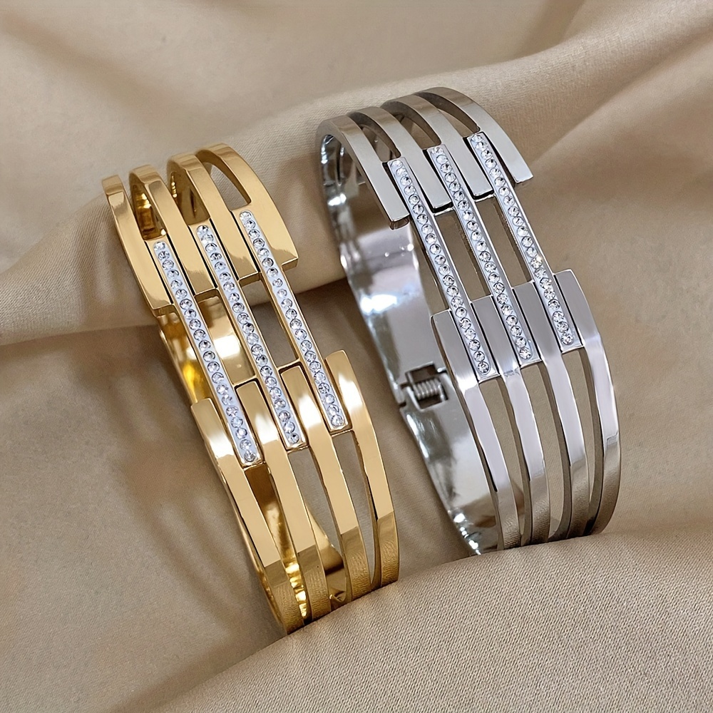 

Luxurious Gold-plated Stainless Steel Bracelet With Rhinestone Accents - , Wide Design | Perfect Gift For Men, Gold Plated, Stainless Steel Bracelet, Rhinestones, Luxury, Christmas Gift