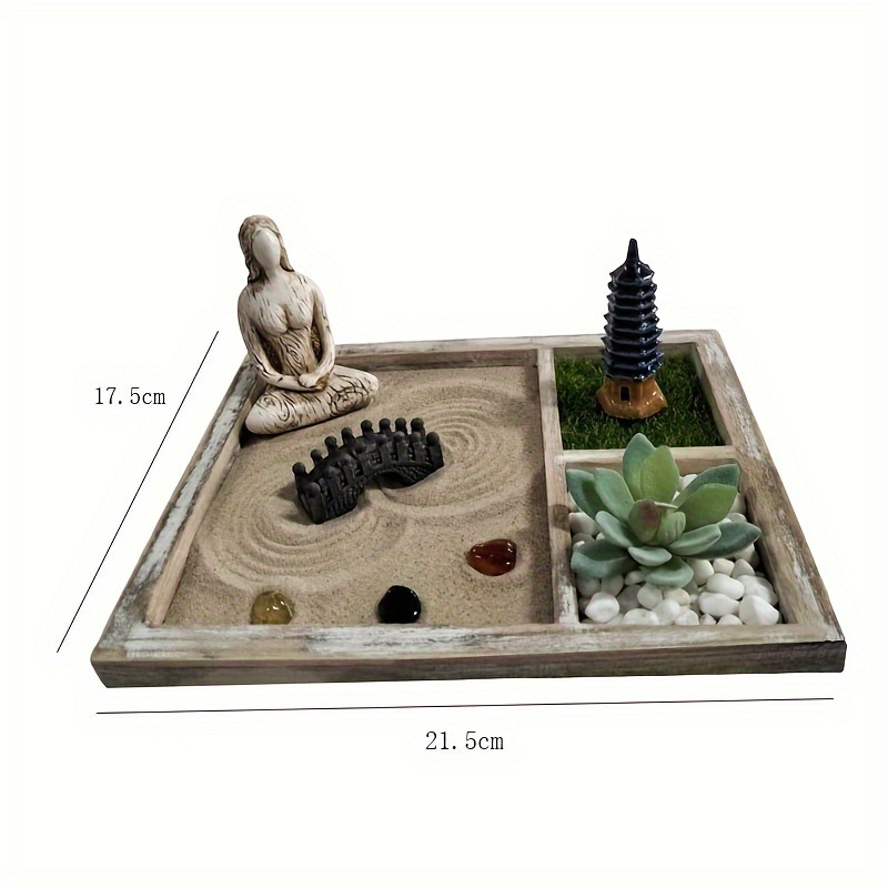 Jardín zen japonés para escritorio, Sakura Budah de 9 x 7 pulgadas, mini  jardín zen con arena blanca, árbol bonsái artificial, rastrillos y