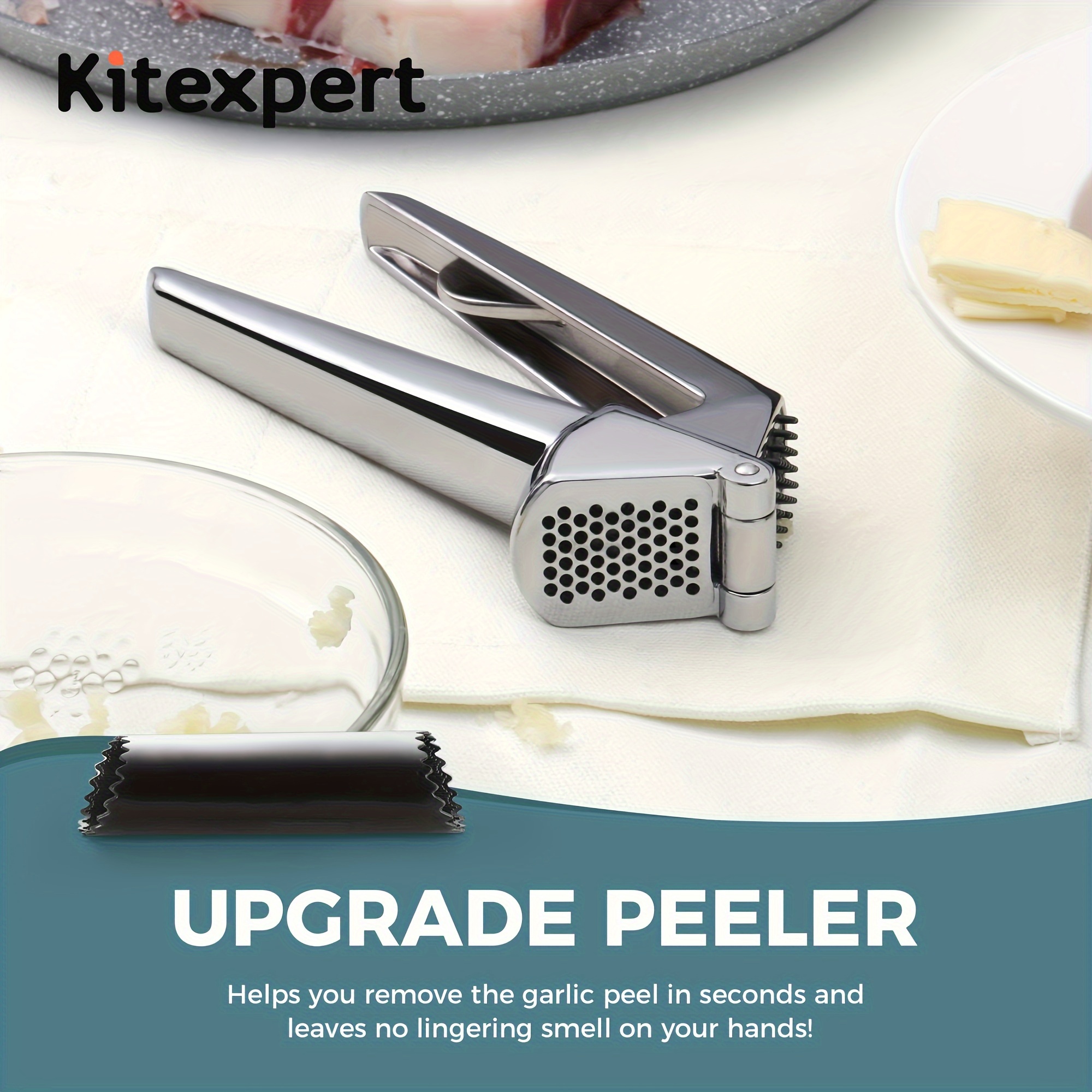 KITEXPERT Garlic Press, Premium Garlic Mincer with Ergonomic Grip Handle,  Professional Garlic Presser Crusher and Peeler Set, Sturdy Ginger Press for