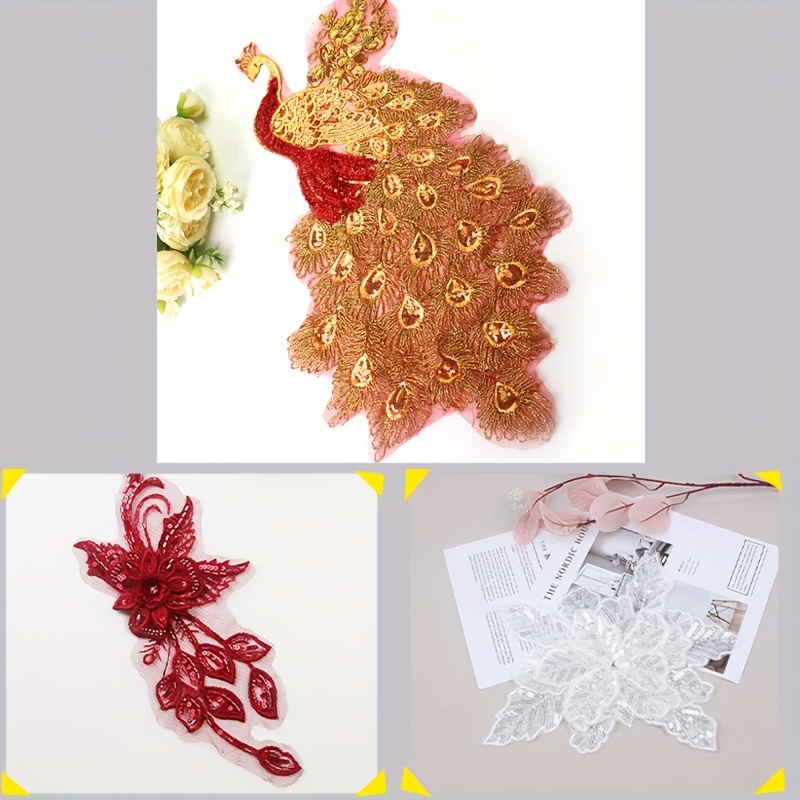 Parches de gasa con lentejuelas doradas, plumas y cola de fénix, cuello de  tela, apliques, broche bordado, parche de encaje, vestido de novia