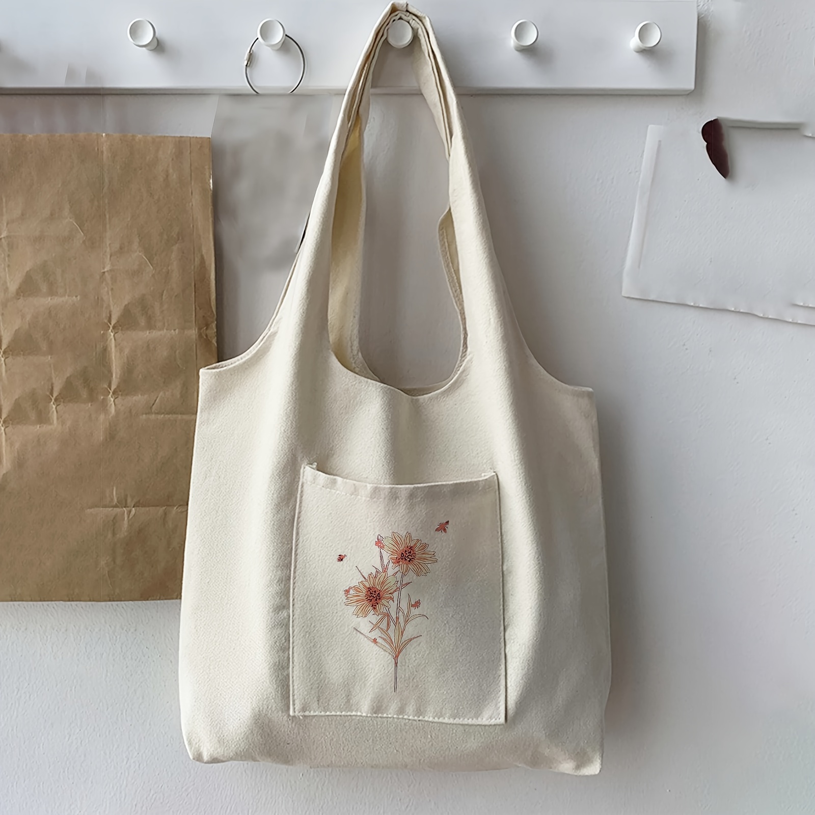 

Simple Tote Bag, Casual Floral Print Canvas Tote Bag, Large Capacity Shoulder Bag, Women's Underarm Bag For Commuting