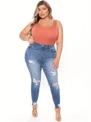 plus size casual jeans womens plus solid ripped button fly high rise asymmetric hem medium stretch skinny jeans details 0