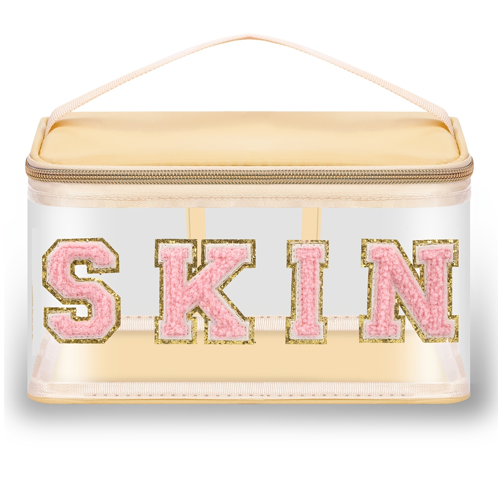 Chenille Letter Clear Makeup Bags Skin Pouch, Preppy Patch Makeup