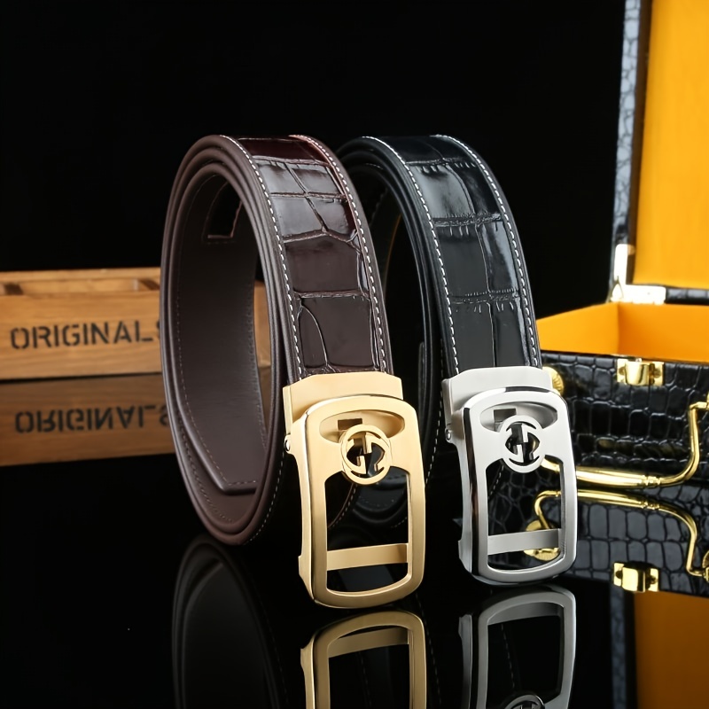 Mens Automatic Buckle Belt Double Layer Cowhide Leather Width 3 8cm 1 5in  Strong Pull Resistance