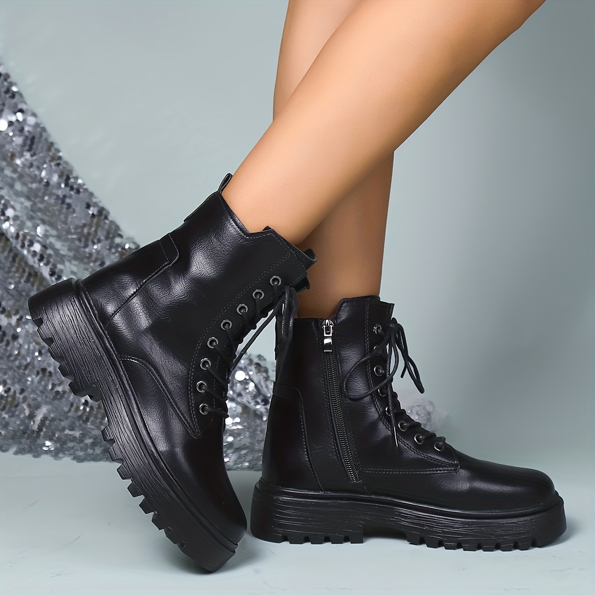 Women's Glitter Flat Combat Boots Fashion Solid Color Round - Temu