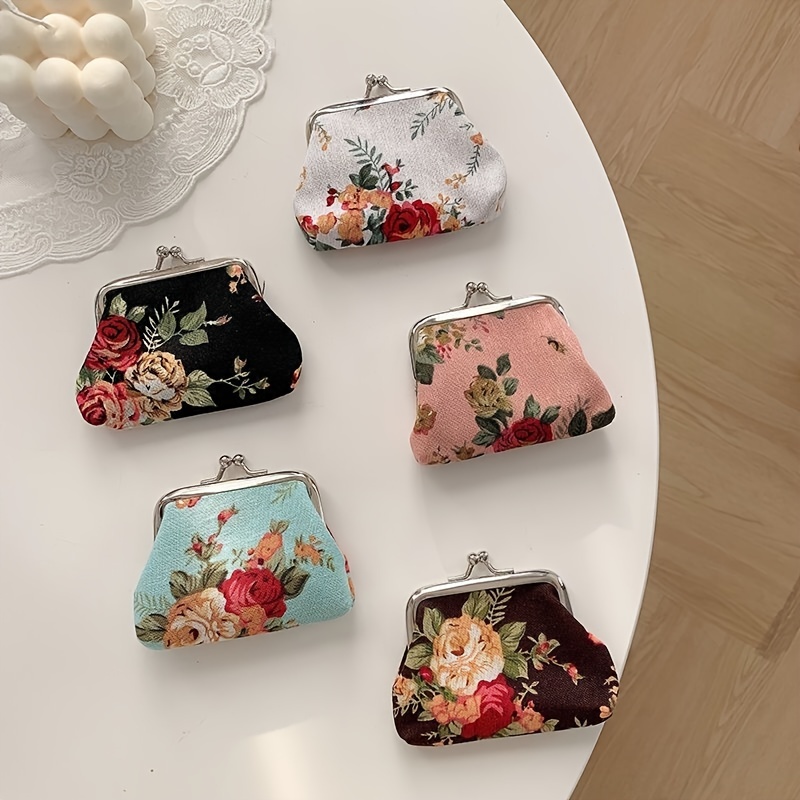 Vintage Rose Print Coin Purse Makeup Bag Kiss Lock Holder