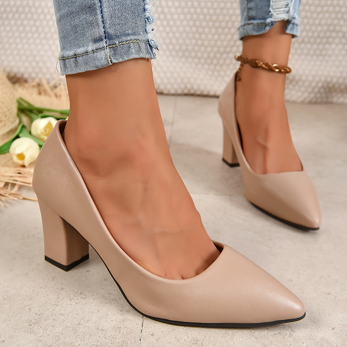 Women's S Solid Color Court Pumps match Pointed Toe Chunky - Temu