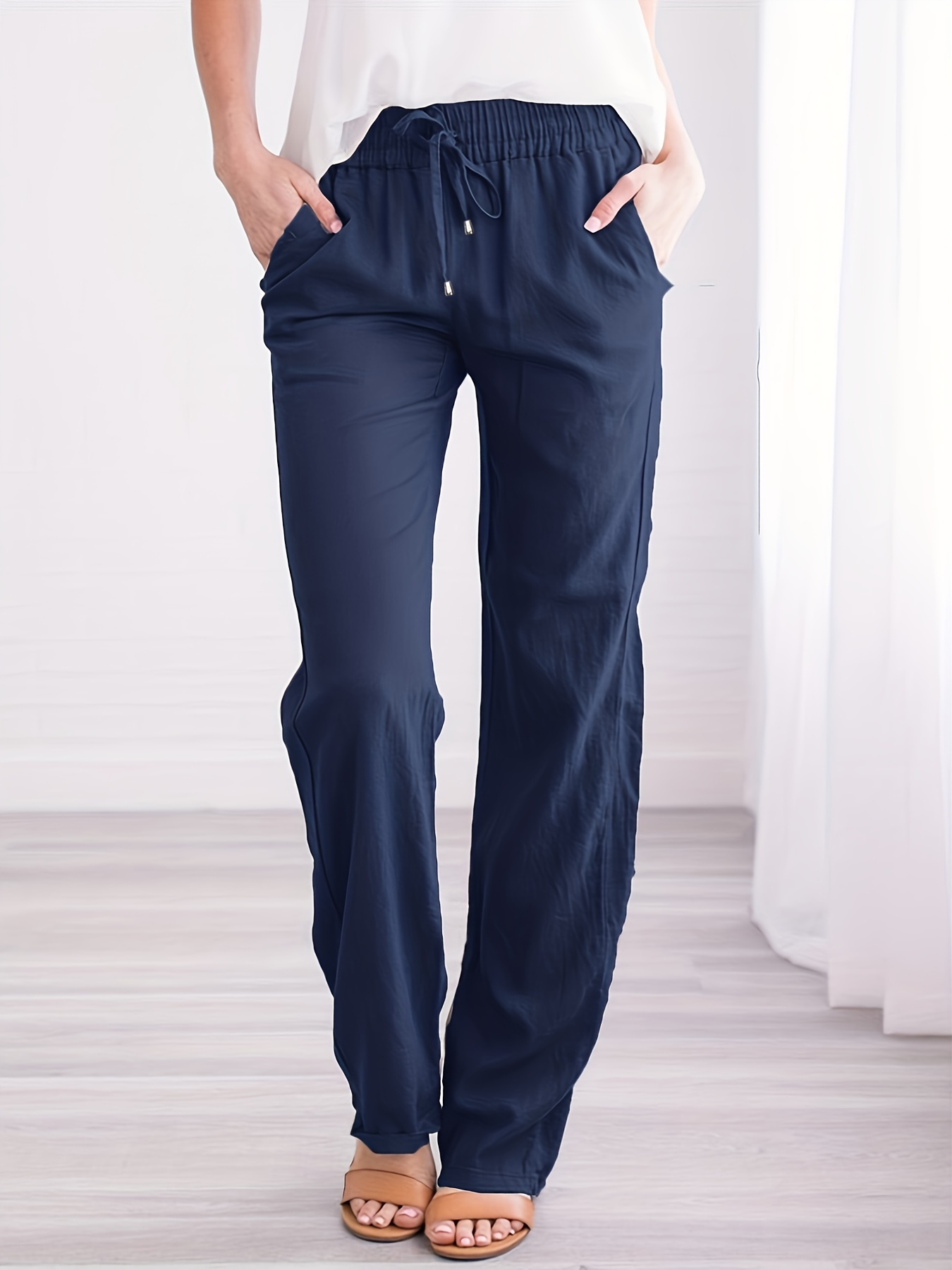Plus Size Casual Pants, Women's Plus Plain Drawstring Eyelet Embroidered  High * Slight Stretch Straight Elastic Pants