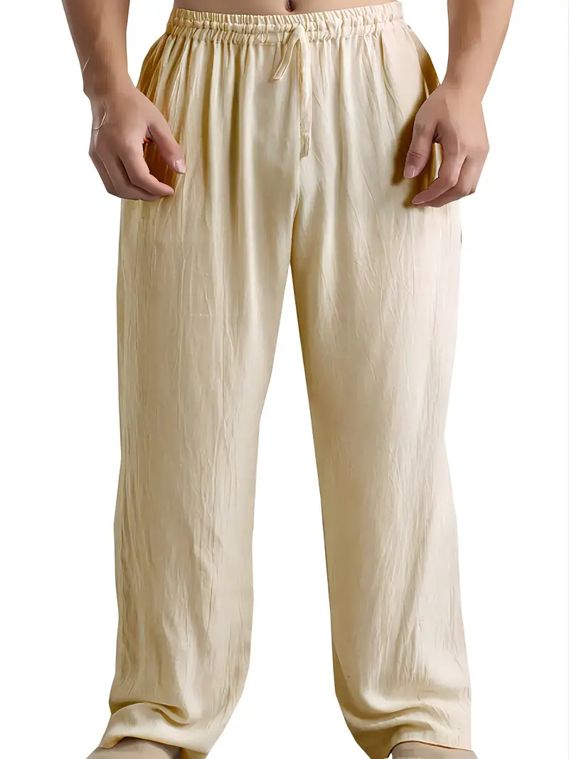 Men's Drawstring Cotton Linen Pants Solid Color Elastic Waist