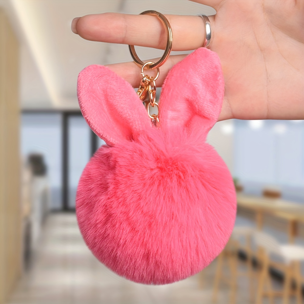 Cartoon Ear & Pom Pom Decor Keychains Artificial Rabbit Fur Ball Keychain  Ear Pompom Phone Bag Charm Pendant