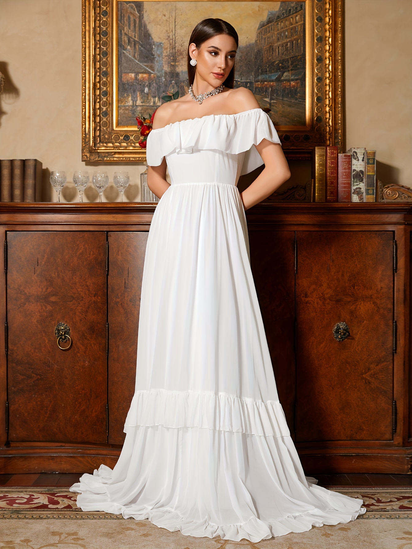 Off Shoulder Ruffle Trim Wedding Dress Elegant Short Sleeve - Temu Canada