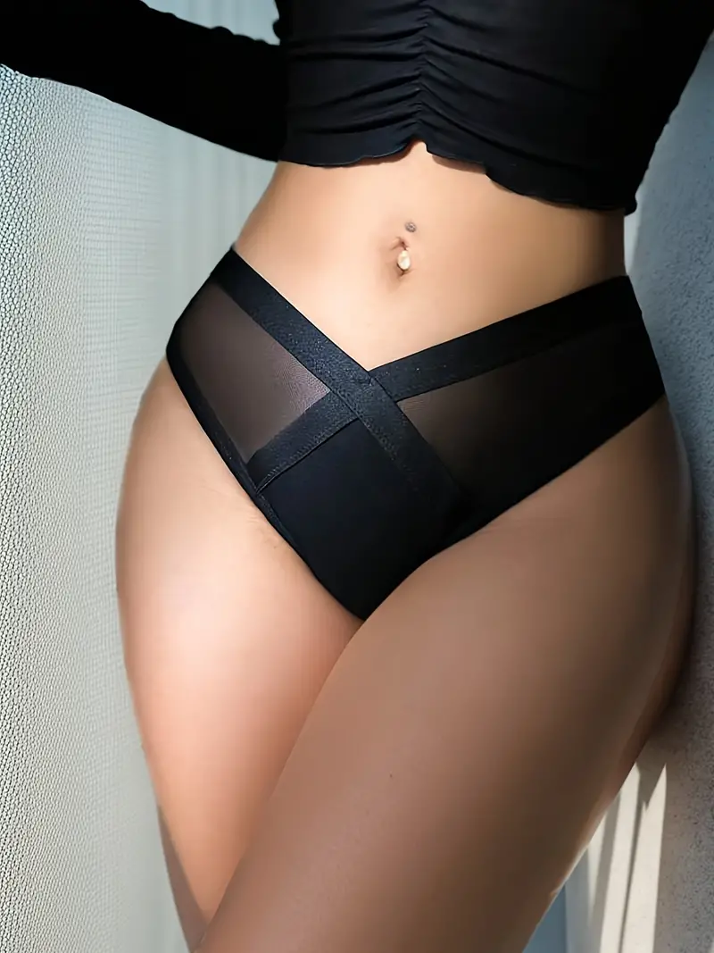 1 Pc Sexy Panties, Plain Black Mesh Contrast Soft & Comfy Intimates Briefs,  Women's Lingerie & Underwear