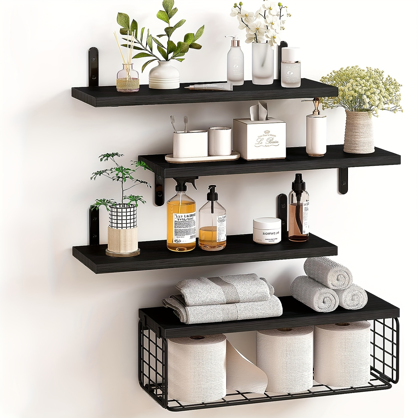 Floating shelves wood-farmhouse shelves-black shelves above toilet