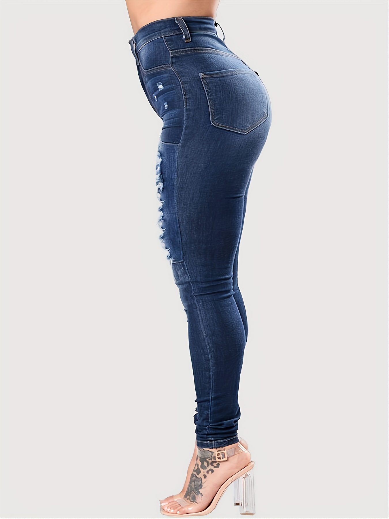 Distressed Denim Ripped Jeggings in Navy - Women's