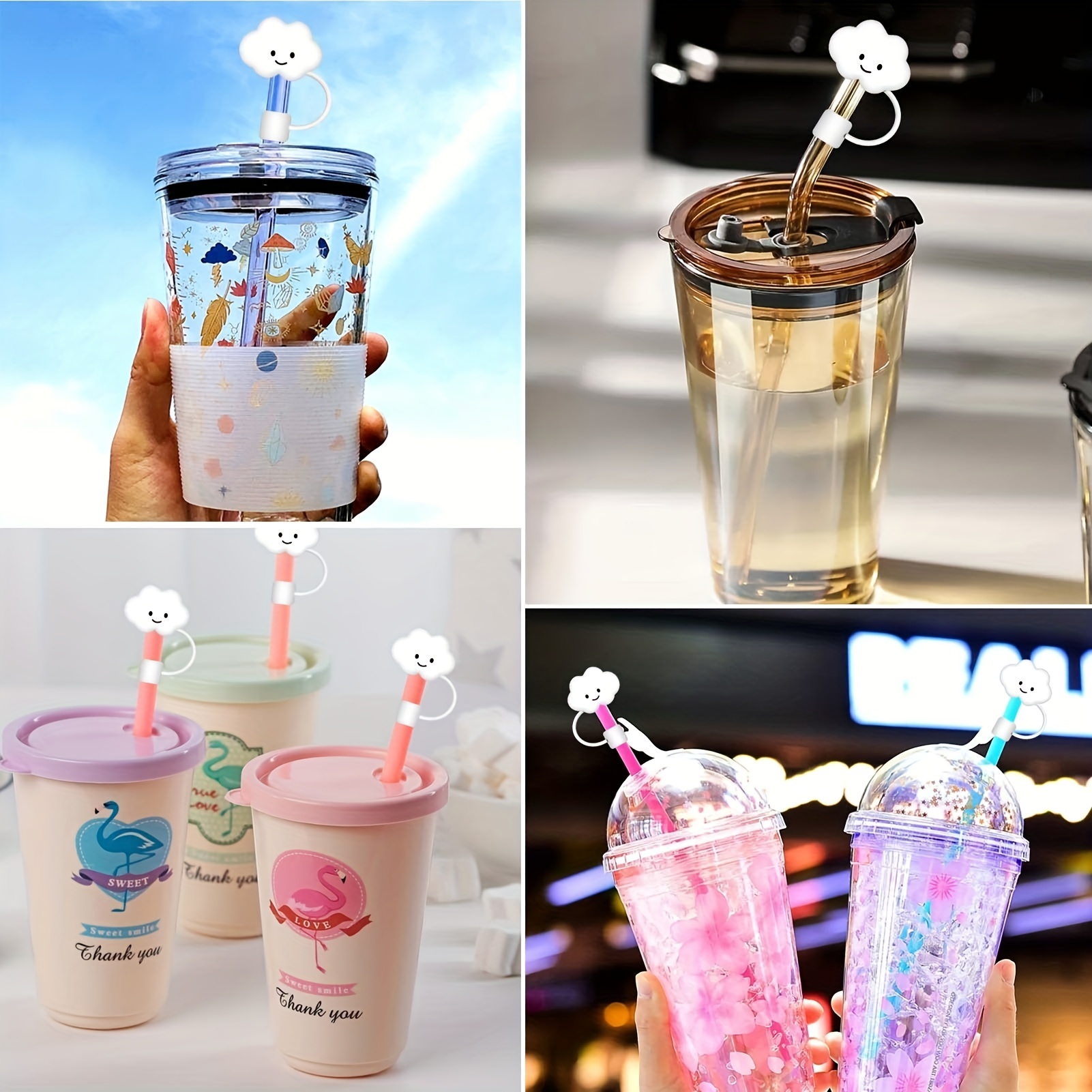 4pcs Straw Covers Cap Silicone Straw Tips Cover Cute Drinking Straw Plugs Straw Tips Lids Straw Toppers Straw Protector Cover for Tumblers Reusable