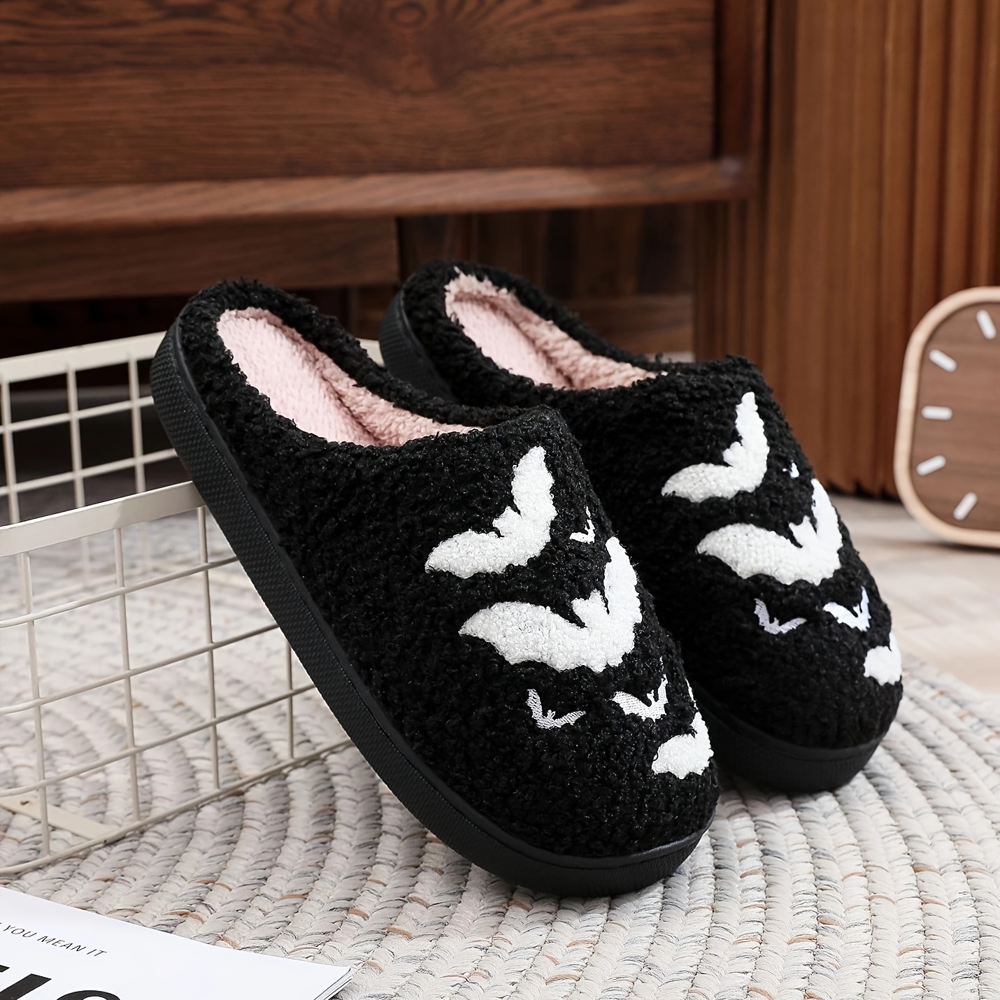 halloween skull ghost pattern plush slippers closed toe soft details 16