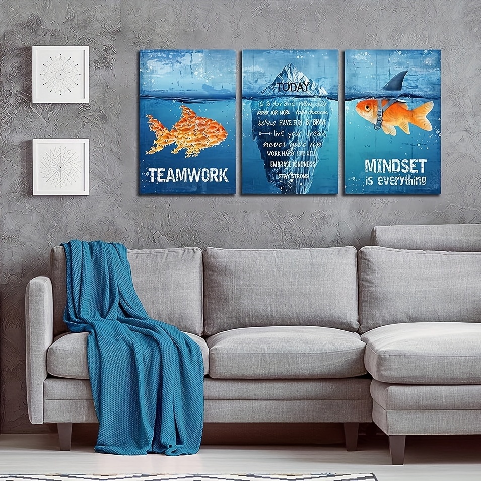 3pcs Mindset Is Everything Wall Art, Blue Motivational Posters Canvas Wall  Art Paintings, Bedroom Decor For Men, Fish Inspirational Quotes Posters, Fo