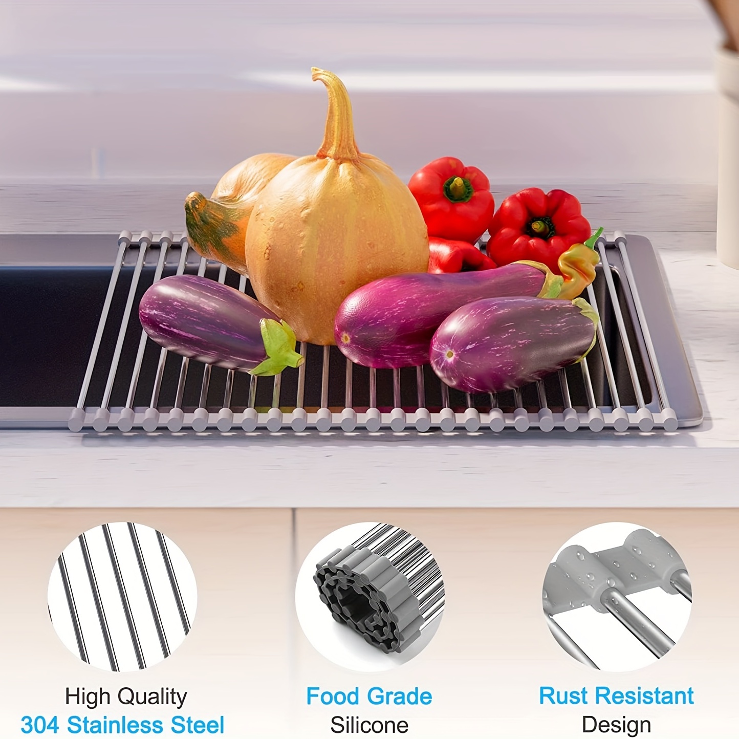 Roll Up Dish Drying Rack Over The Sink Multi-Purpose Rack Rollable Foo