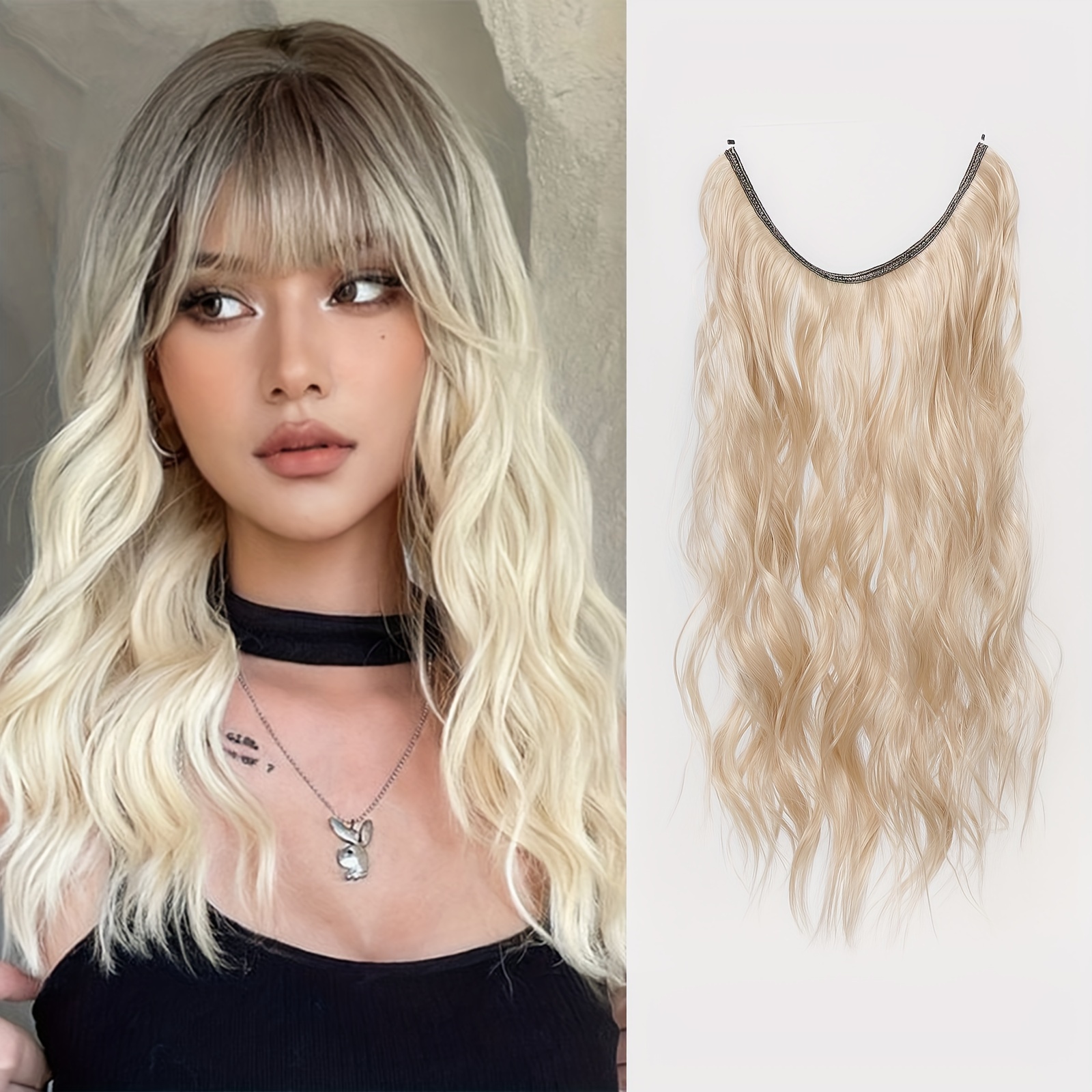 Invisible Wire Hair Extension with Adjustable Size Transparent Headband Long Curly Wavy Synthetic Hair Light Brown Mix Blonde Long Wavy Secret Hair