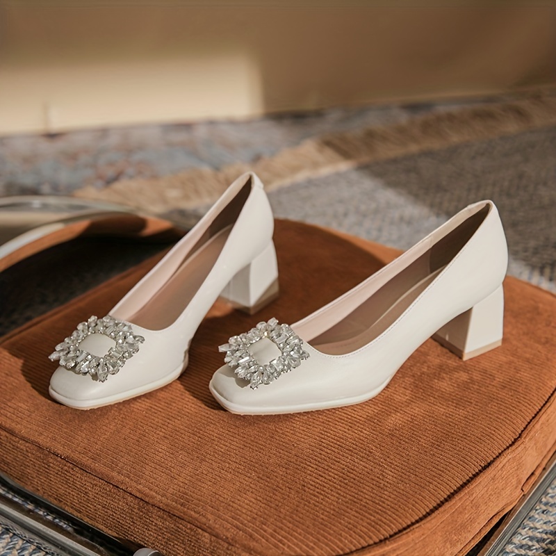 Rhinestone Chunky Heel Pumps Comfortable Slip-On Shoes for Women