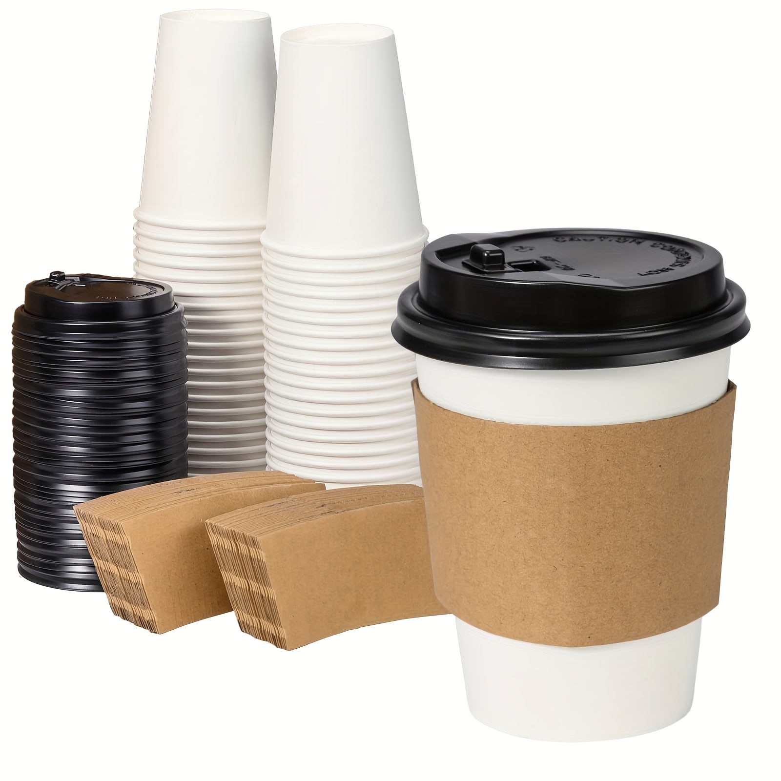 Paquete de 100 tazas de café desechables de 12 onzas con tapas, fundas y  pajitas para agitar, tazas de café de papel con tapas, tazas de café