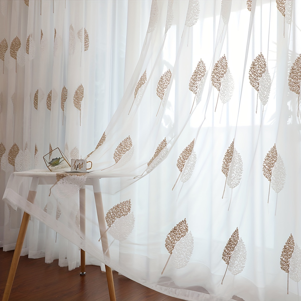 Image of 1pc Pastoral Style Leaf Embroidery Sheer Curtain Panel, Easy Translucent Gauze, Rod Pocket, 3 Colors Embroidered Sheer Curtain, Suitable For Living Room And Bedroom Decoration