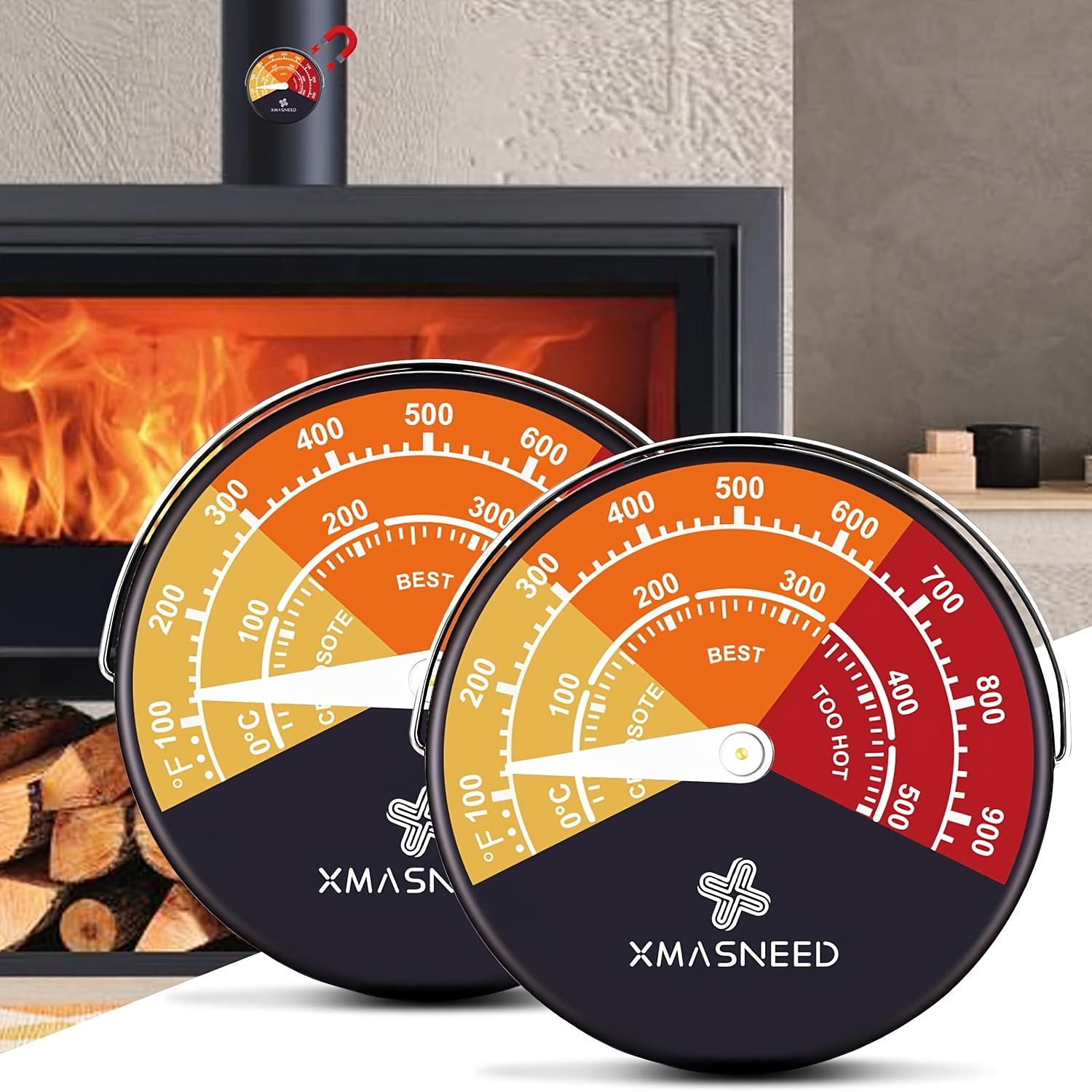 Thermomètre magnétique de poêle de ventilateur de cheminée en bois avec  l'outil de barbecue de ménage de sonde