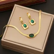 2ps golden stainless steel emerald zircon flat chain, 2ps golden stainless steel emerald zircon flat chain faux diamond necklace and earrings fashion trend design versatile retro decoration for men and women details 1