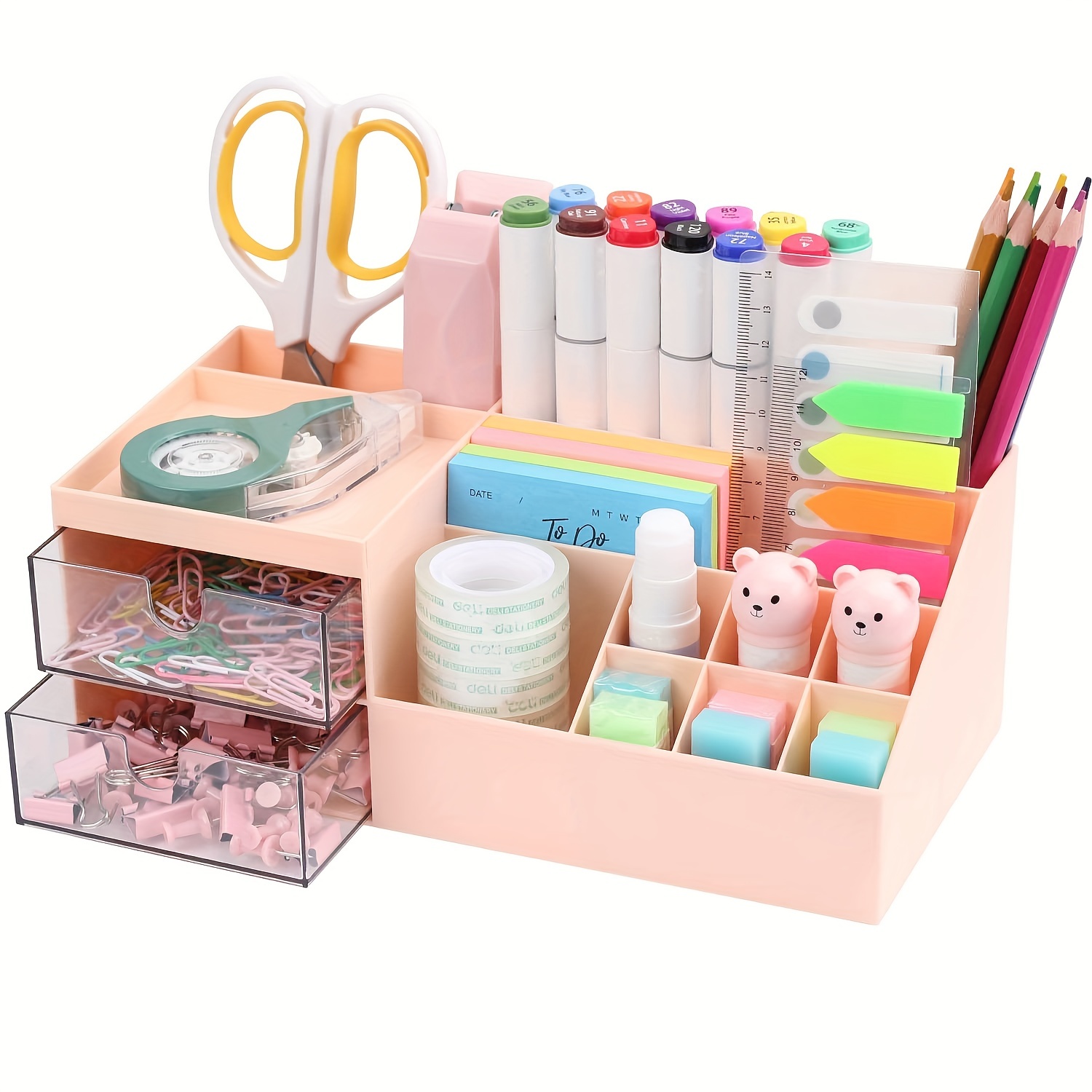  Organizador de escritorio de madera, soporte para bolígrafo,  caja de almacenamiento de papelería de gran capacidad con cajón para el  hogar, la oficina y la escuela (color cereza B18) : Productos