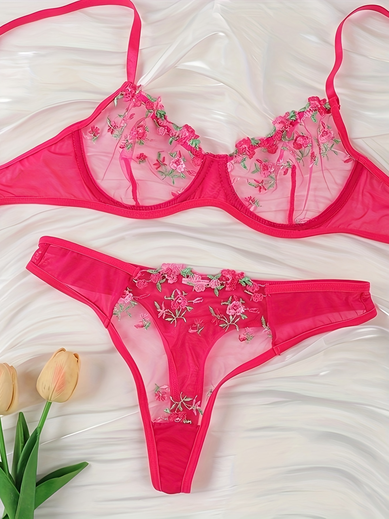 Victoria's Secret Rose Mesh Very Sexy Unlined Embroidered Demi Bra Thong  Set