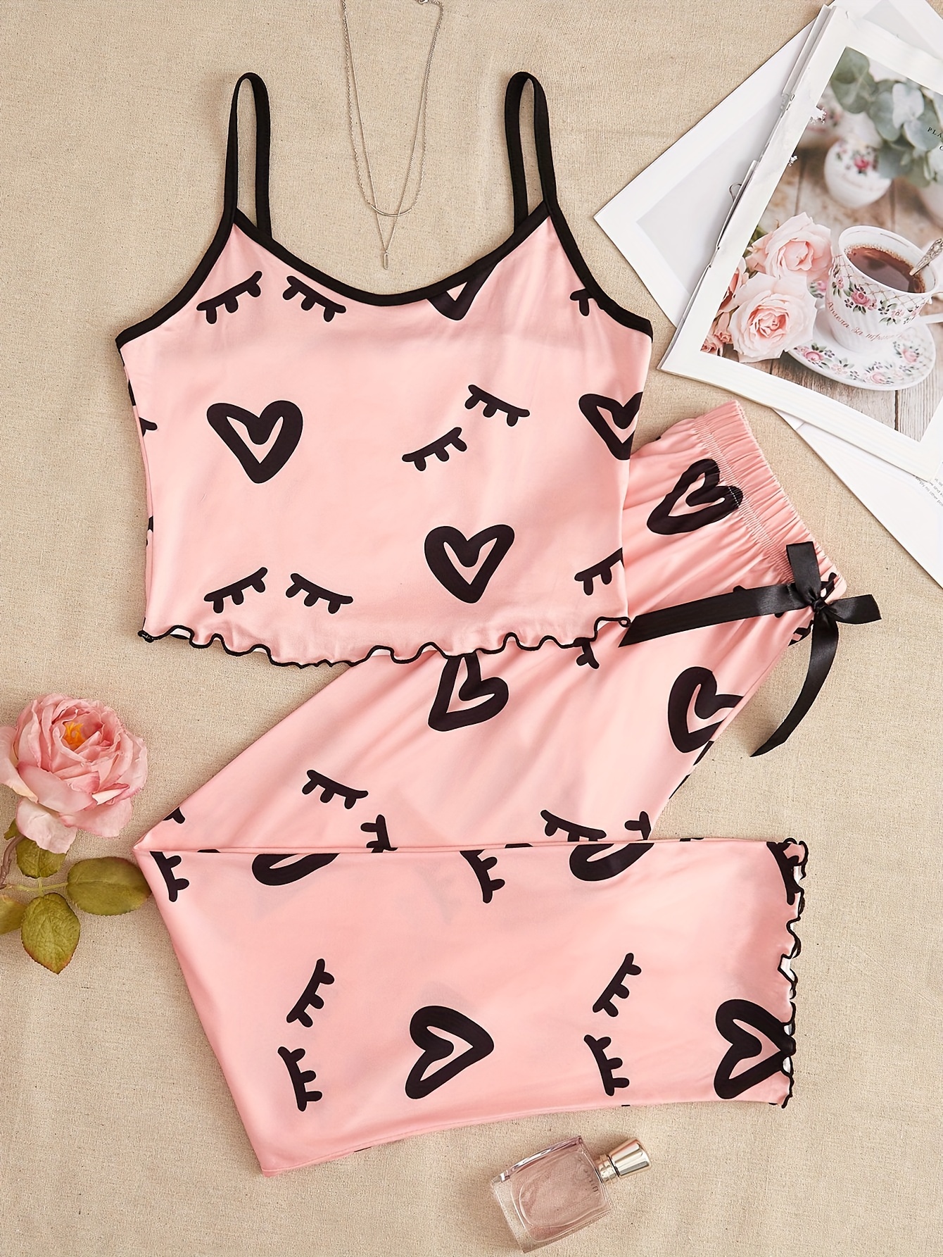 Heart Eyelash Print Pajama Set Scoop Neck Cami Top Lettuce - Temu