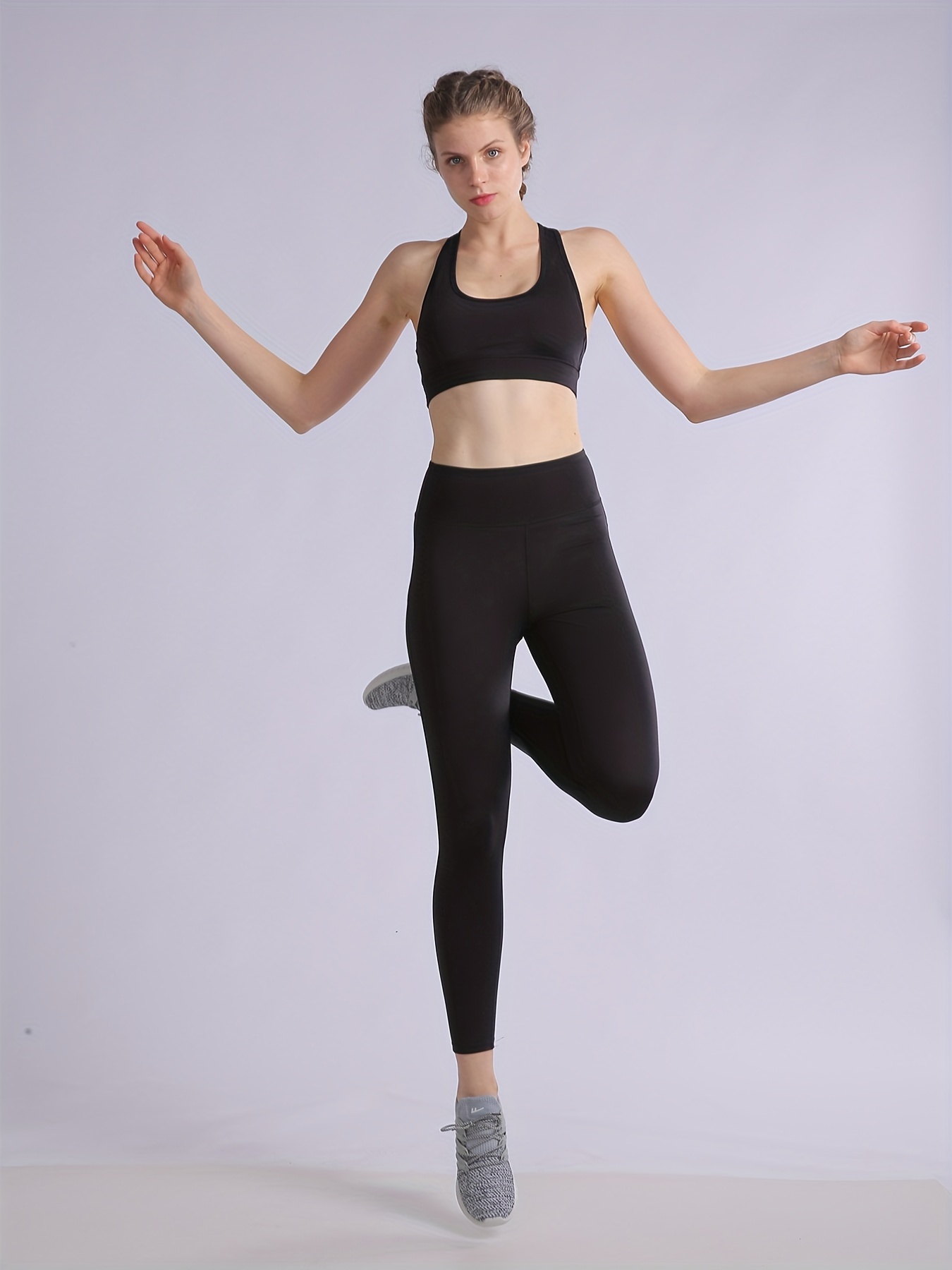 2pcs Solid Yoga Sports Bra & Leggings Set Women's Activewear
