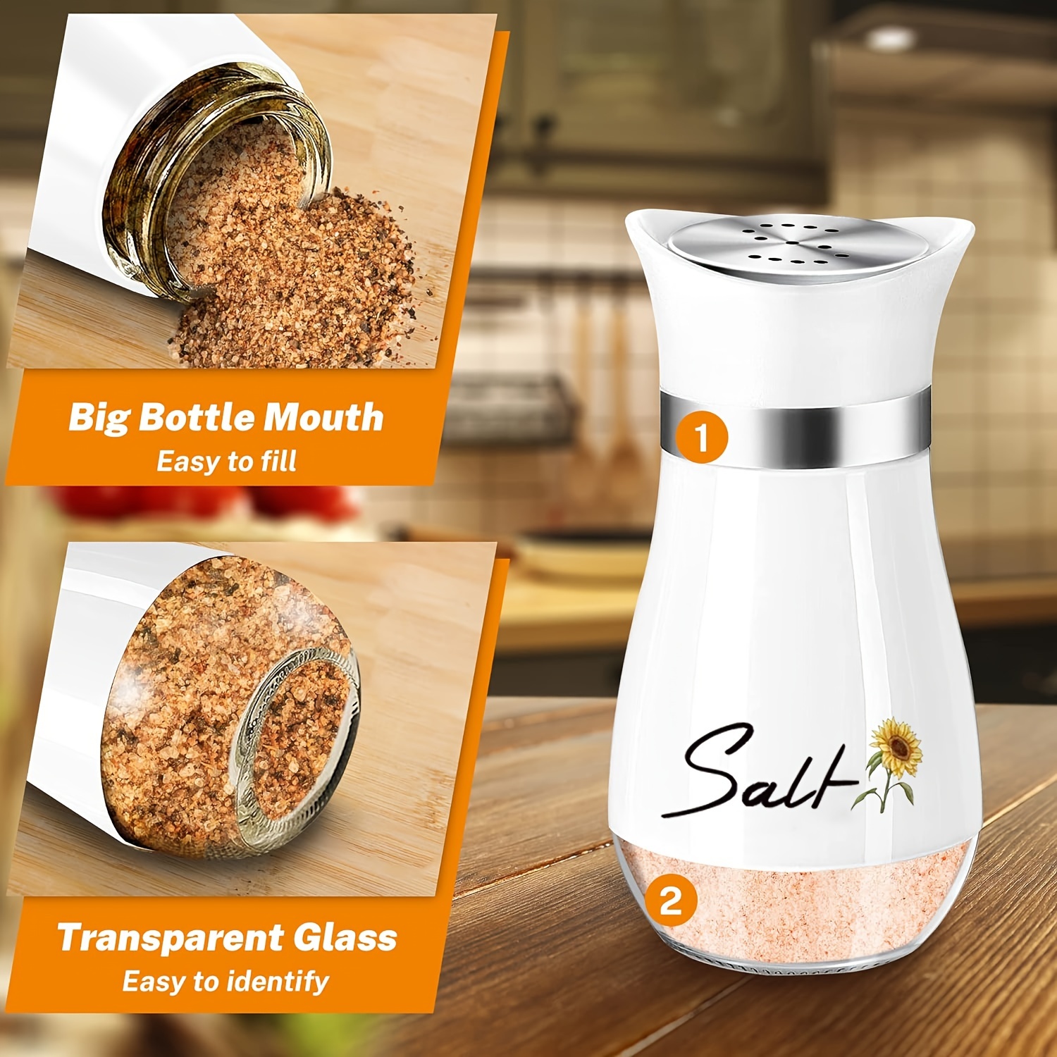 Salt and Pepper Shakers Set,4 oz Glass Bottom Salt Pepper Shaker with  Stainless Steel Lid for Kitchen Gadgets Cooking Table, RV, Camp,BBQ  Refillable