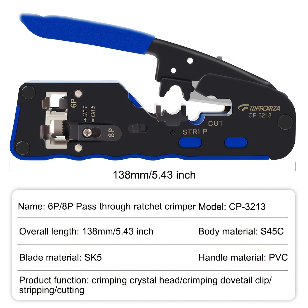 Ratcheting Wire Crimper / Stripper / Cutter, for Pass-Thru