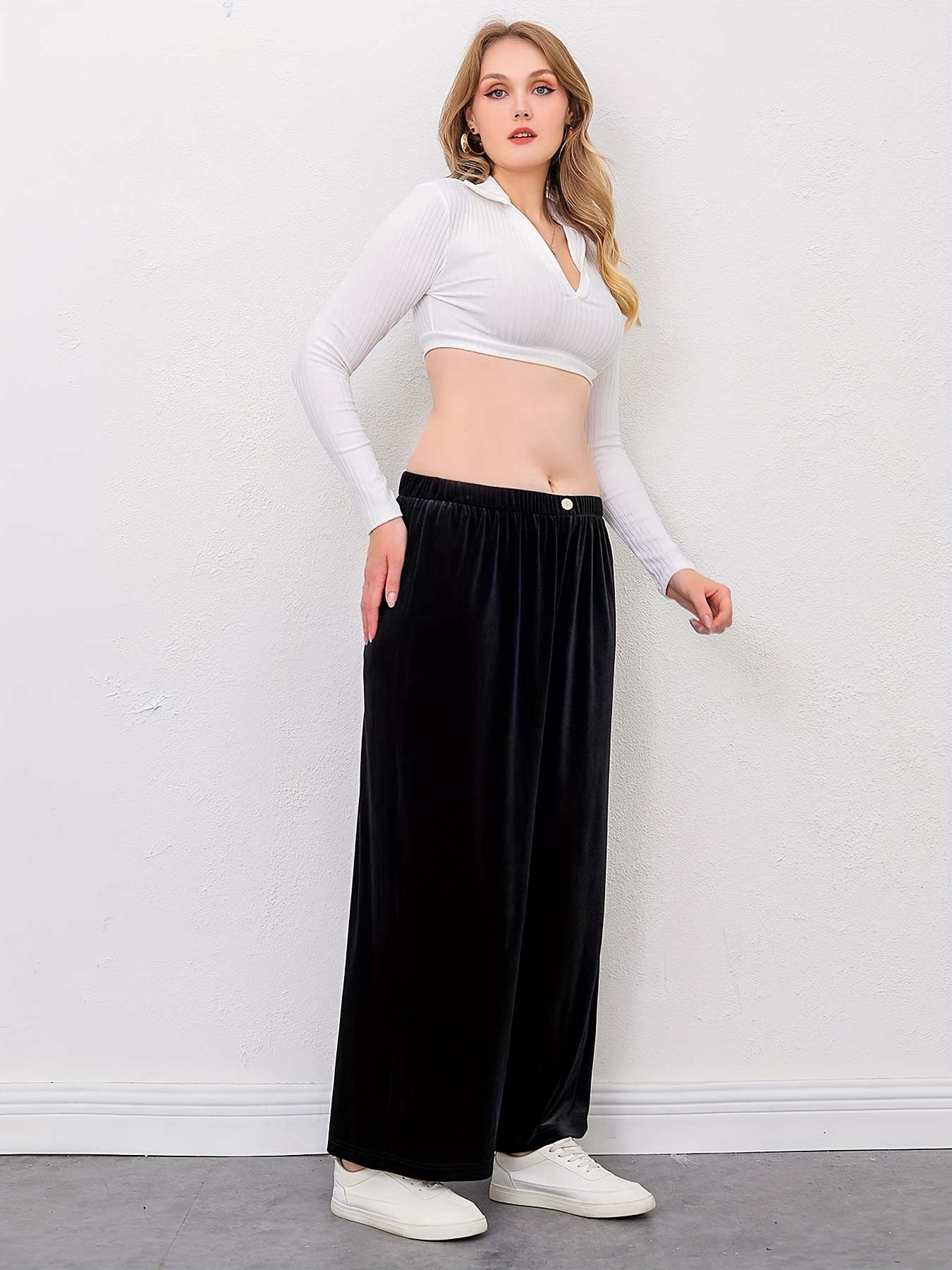 Womens Crushed Velvet High Waisted Stretch Wide Leg Palazzo Pants