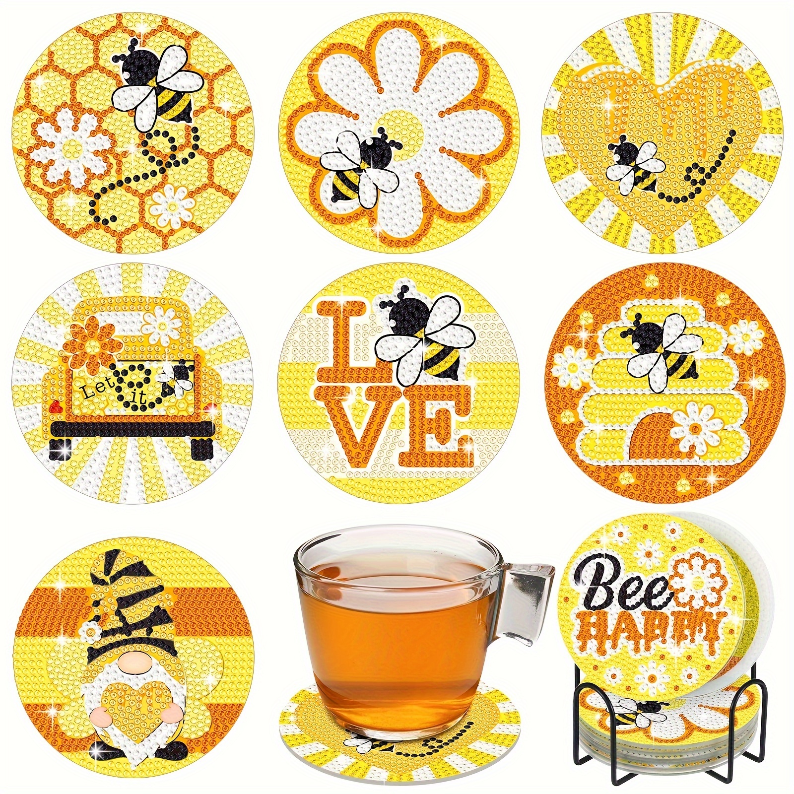 

8pcs/set New 5d Diamond Painting Coasters Kit, Bee Theme Coasters, Diy Artificial Crystal Rhinestone Coasters, Heat Insulation Cup Mats With Rack, Christmas Gift