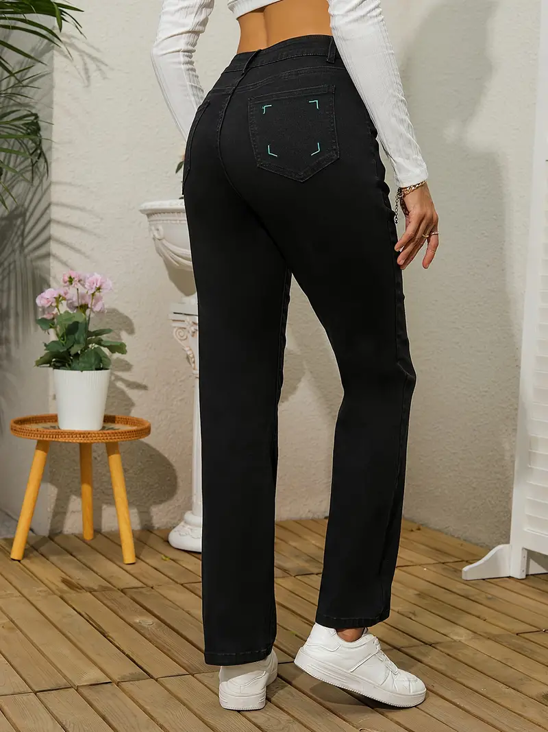 Black Slant Pockets Straight Jeans Mid stretch Loose Fit - Temu Canada
