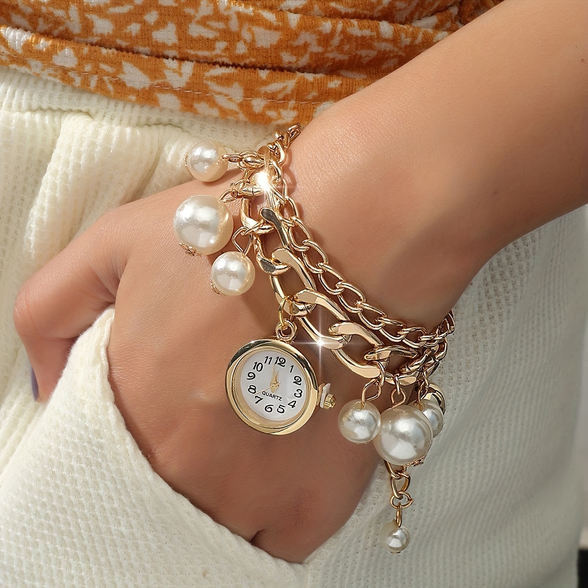 

Women's Watch Casual Round Pointer Quartz Bracelet Watch Faux Pearl Pendant Analog Wrist Watch
