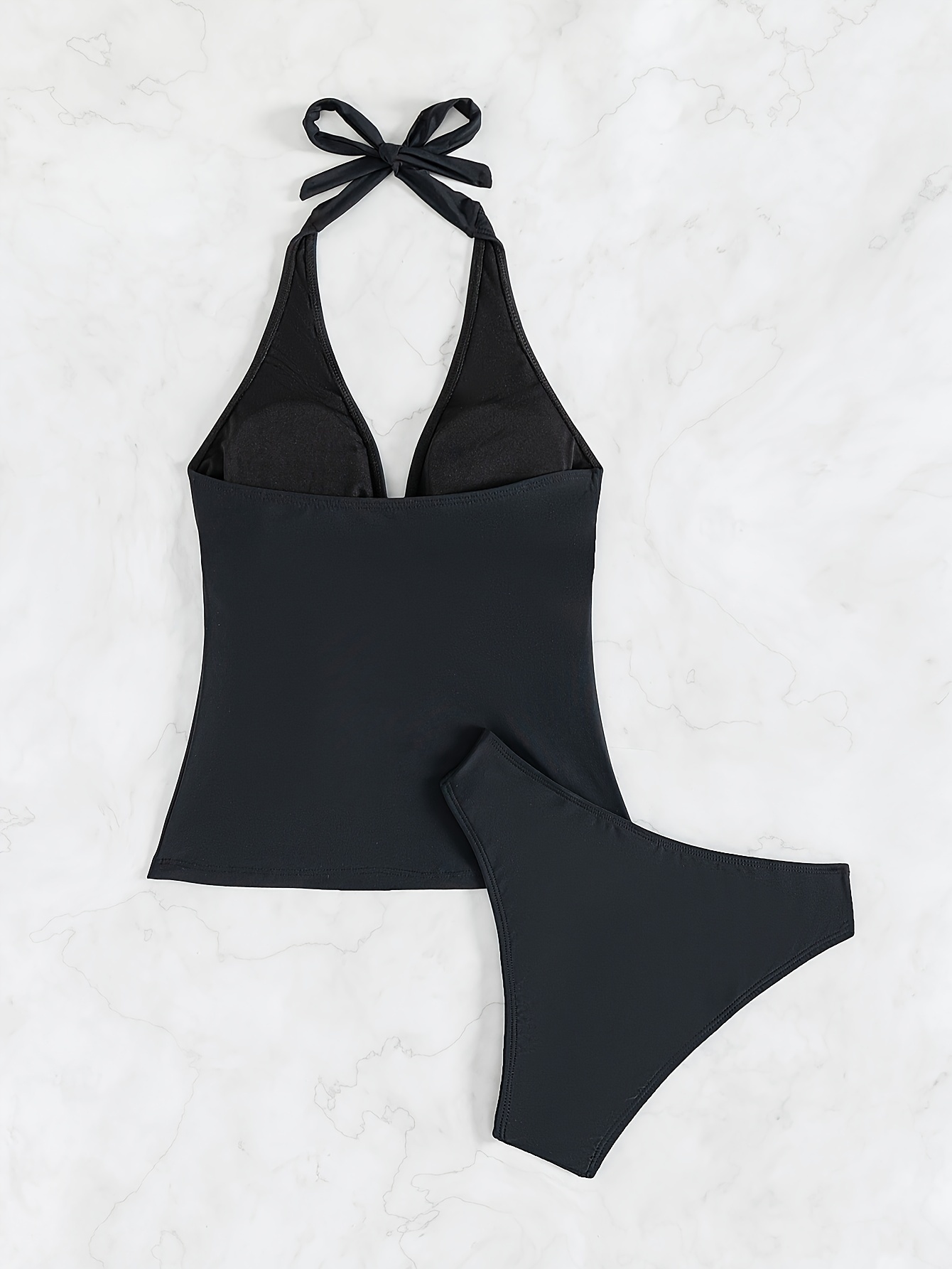 Conjunto De 2 Peças Preto Com Cordão Halter Tankini Gravata - Temu