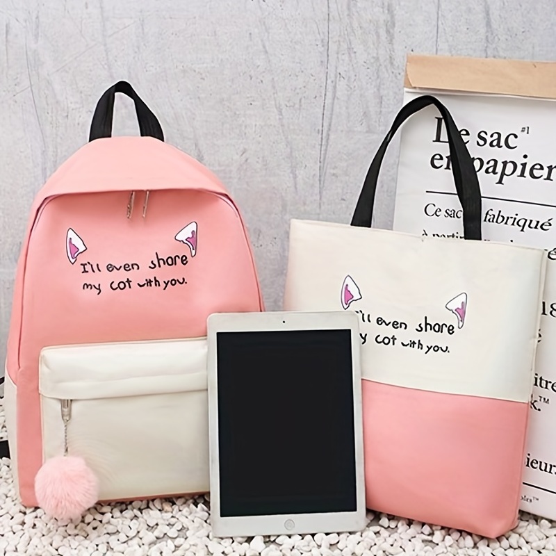 4pcs Pattern Large Capacity Backpack Tote Bag Pencil Case Set