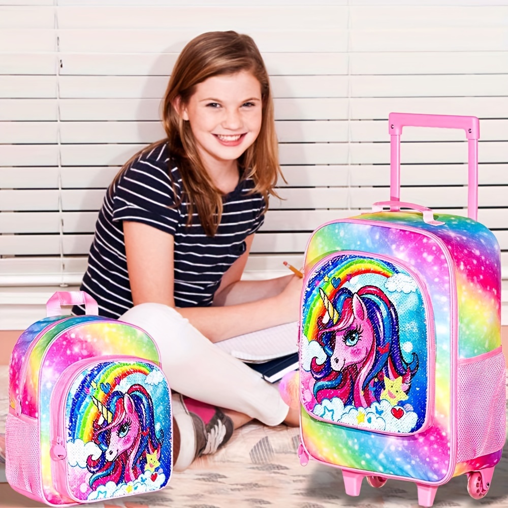 2 piezas, mochila con ruedas, maleta de viaje con diseño de unicornio con  arcoíris y cola de pez de sirena, ideal para niñas pequeñas