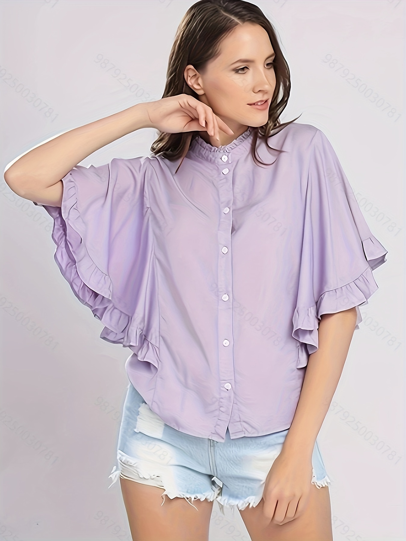 Lilac Frill Sleeve Button Front Blouse