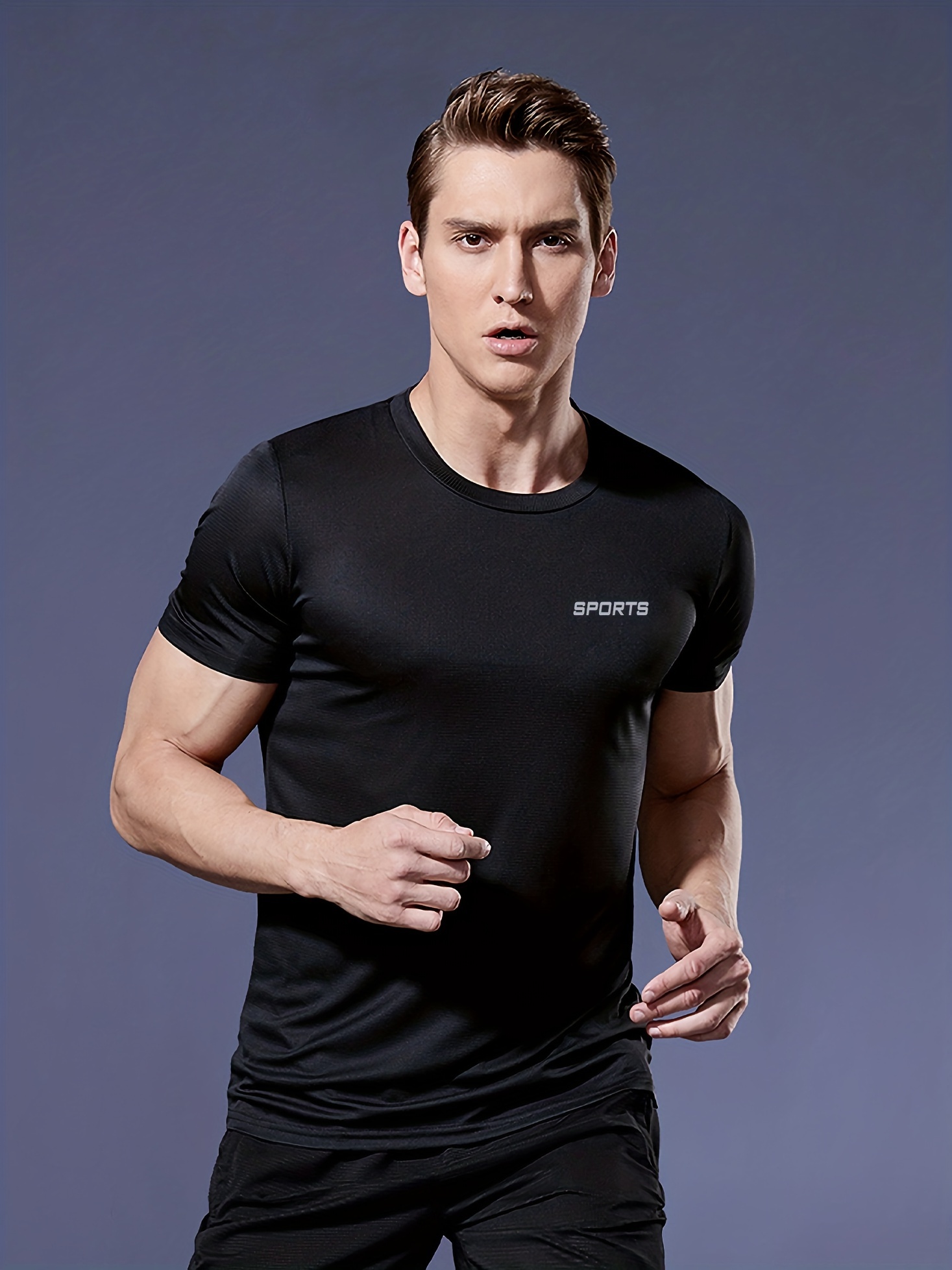 Solid Color Fitness Short Sleeve Sports Tee Round Neck Slim - Temu
